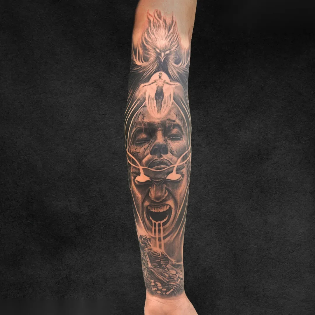 Phoenix colour realism sleeve, Inkbuddies 2025 award-winning tattoo at Rebel Tattoos Gurgaon